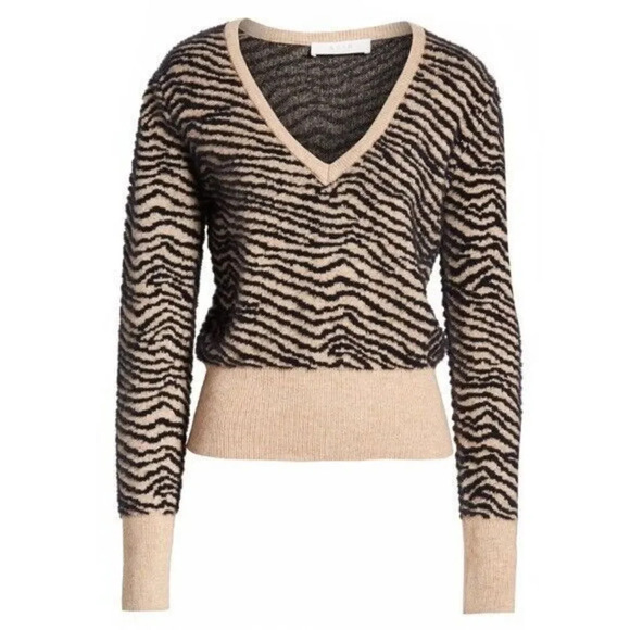 ASTR The Label Tiger Striped Fuzzy V-Neck Sweater Size Large Black Beige Animal - Picture 3 of 9